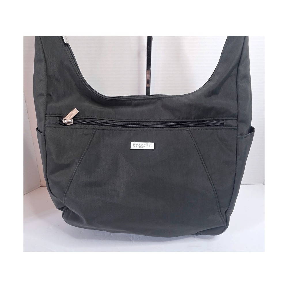 Baggallini Charcoal Gray Nylon Hobo Crossbody Bag Travel Purse Blue Lining